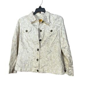 Ruby Rd. Elegant Cream Embroidered Circle Pattern Button Jean Jacket - Size 8